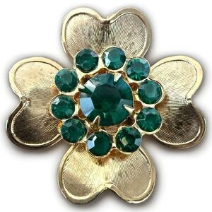 Vintage Gold-Tone Flower Brooch with Emerald Green Rhinestones